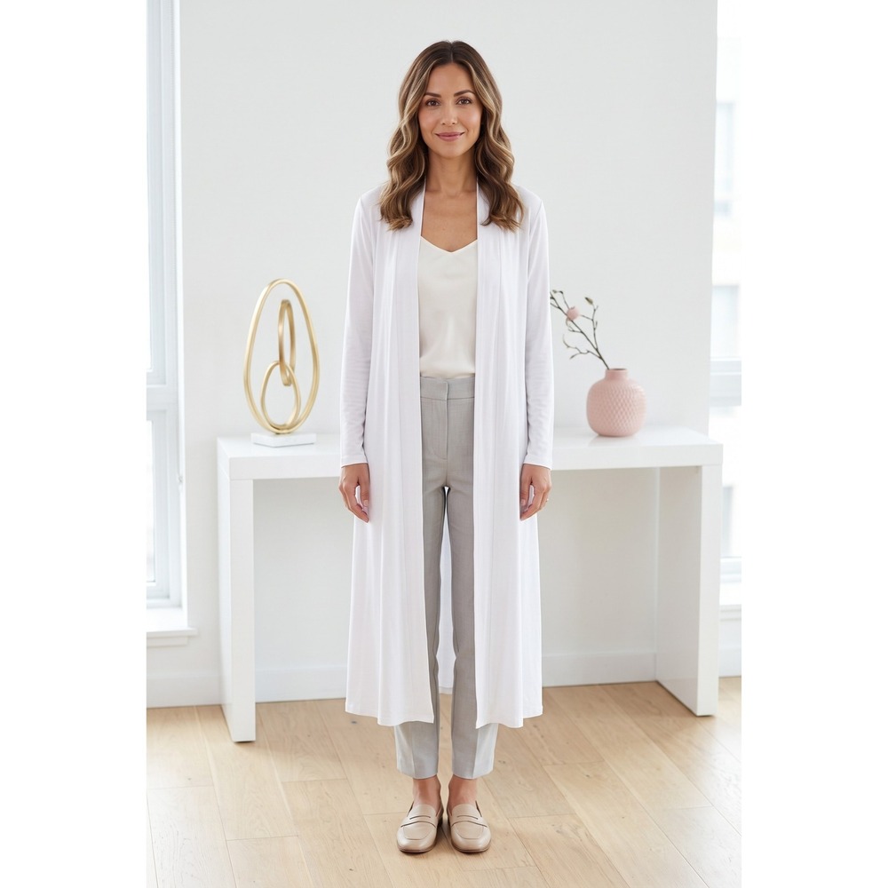 BLUETIME Duster Cardigan Women M White Long Sleeve Open Front Lightweight Jersey